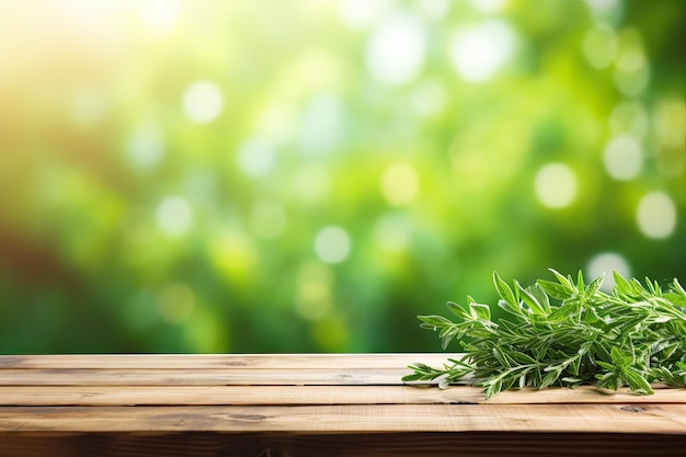 A wooden tabletop with a blurred abstract natural green background is available for showcasing or cr