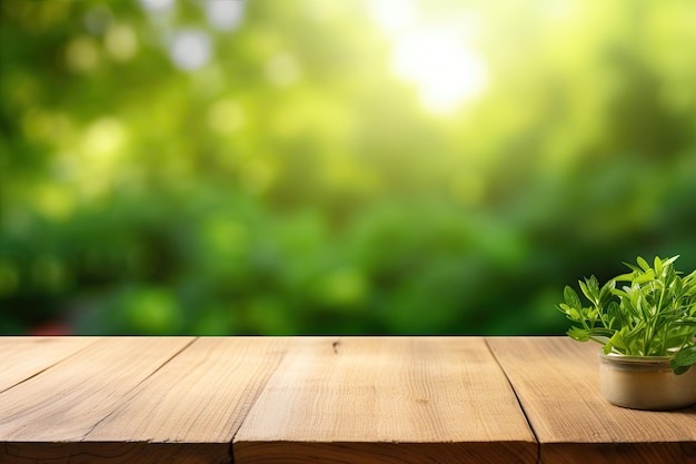 A wooden tabletop with a blurred abstract natural green background is available for showcasing or cr