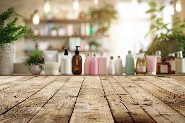 Photo wooden tabletop with blurred background of an indoor cosmetic market