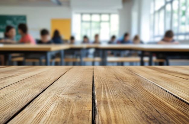 Photo wooden tabletop with a blurred background of a school classroom