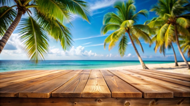 Wooden Tabletop with Blurred Beach Background