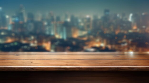 Photo wooden tabletop with blurred cityscape background mockup concept aig