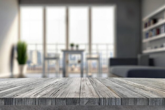 Wooden tabletop with blurred modern living room in apartment and large windows background