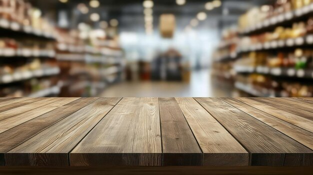 Photo wooden tabletop with blurred supermarket background