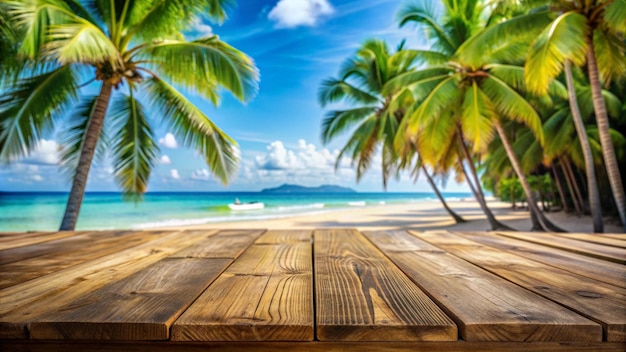 Wooden Tabletop With Blurred Tropical Beach Background