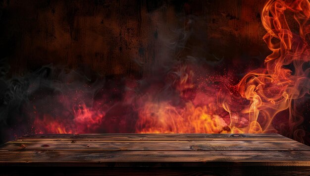 Photo wooden tabletop with fire and smoke background