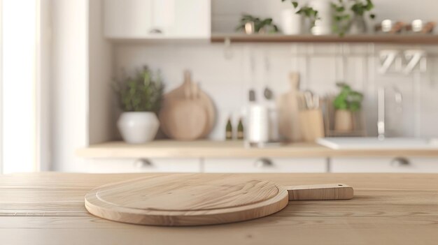 Wooden tabletop with free space for product montage or mockup against blurred white Generative AI