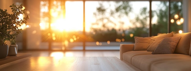 Photo wooden tabletop with sunlit window and couch in background