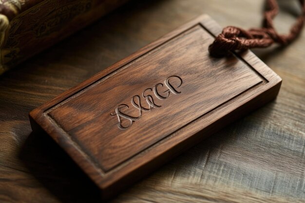 Wooden Tag with Engraved Letters quotAWCPquot on a Wooden Surface