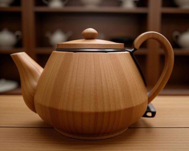 A wooden teapot sits on a wooden table with a wooden lid.