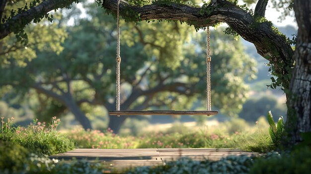 Photo wooden terrace swing hang on the tree with blurry nature background