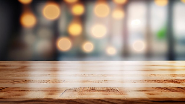 Wooden texture table top on blurred cafe bokeh light background For product display or photo studio commercial For showcase Product display mock up Generative AI