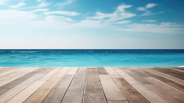 Wooden texture table with blue sea and bright sky in summer background Generative AI AIG21