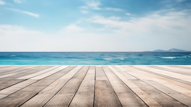 Wooden texture table with blue sea and bright sky in summer background Generative AI AIG21