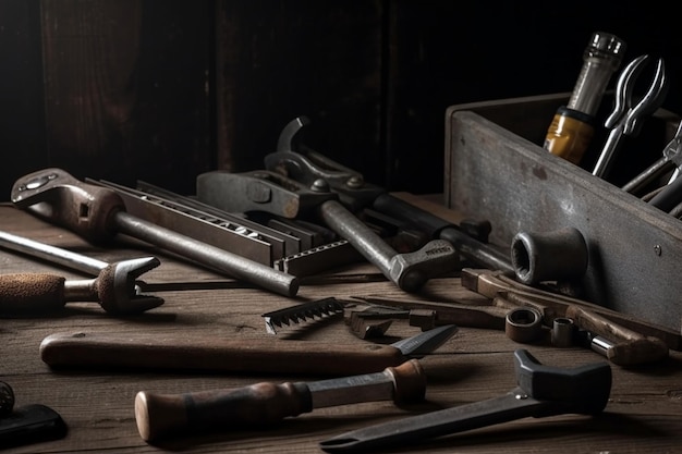 A wooden toolbox with a toolbox and a toolbox on the table.