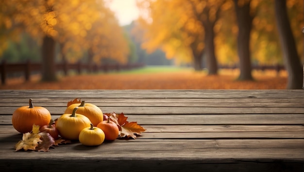 wooden top table on isolate blur background Wooden table on blurry background with isolated autumn theme AIgenerated