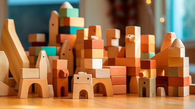 Photo wooden toy blocks on wooden table in the children's room generative ai