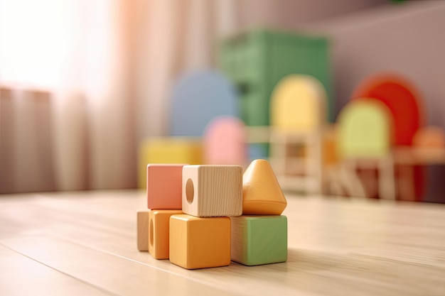 Wooden toy blocks on wooden table in the Children39s room Ai generative