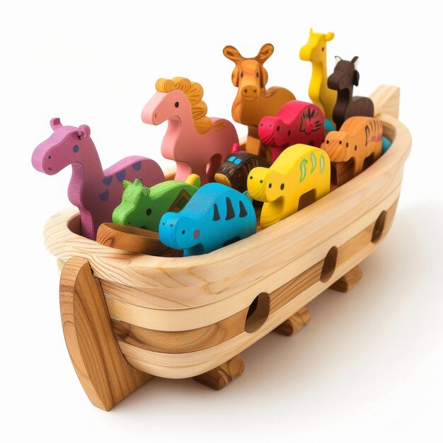 A wooden toy boat overflows with a menagerie of wooden animals