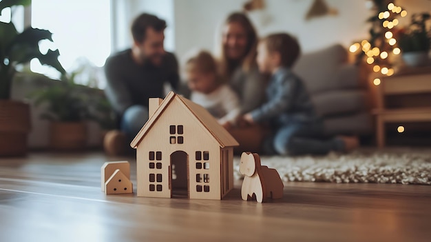 Wooden toy house in foreground with family playing in background