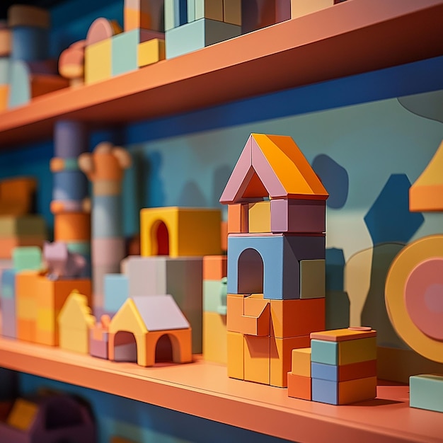 a wooden toy house sits on a shelf with other toys