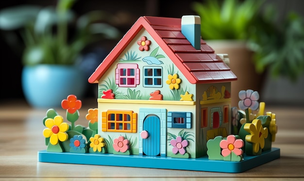 Wooden toy house with flowers on a wooden table Selective focus