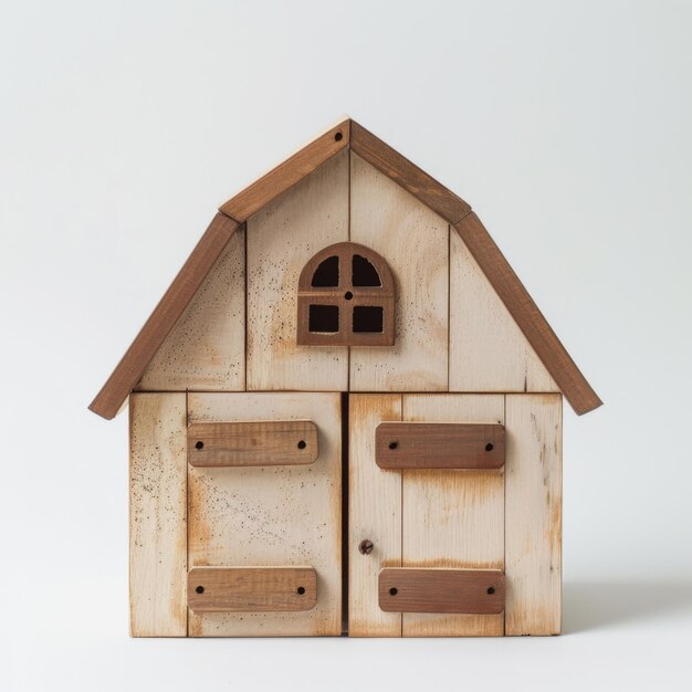 A wooden toy house with two windows and a door on a white background