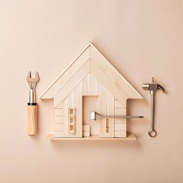 Photo a wooden toy house with a wrench on the wall