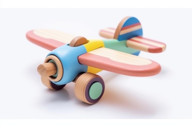 A wooden toy plane with a blue stripe.