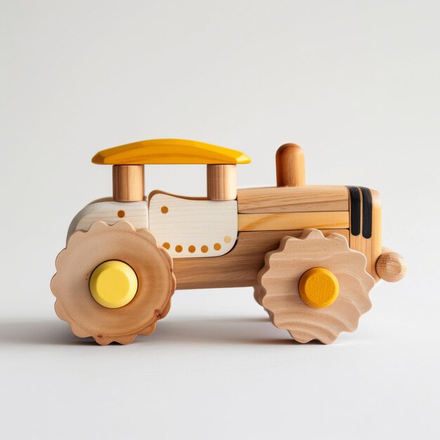 Wooden toy tractor with a bright yellow seat on a flat white background