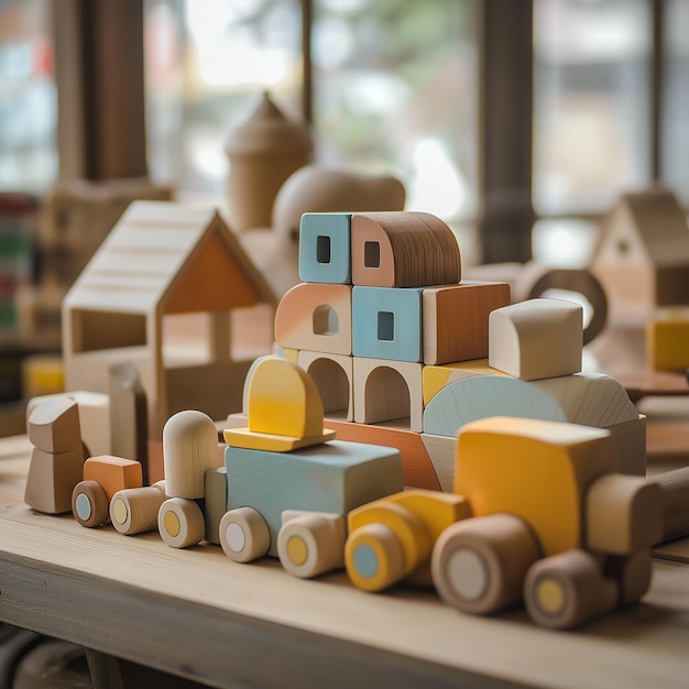 a wooden toy train with a house on the top of it