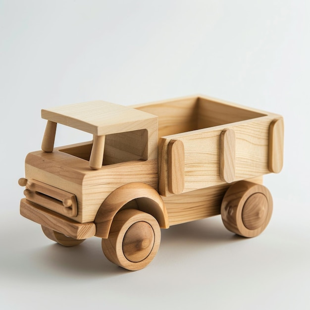 A wooden toy truck sits proudly on a table in a whimsical display