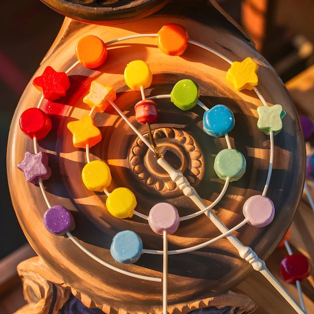 a wooden toy with a number of colorful buttons on it