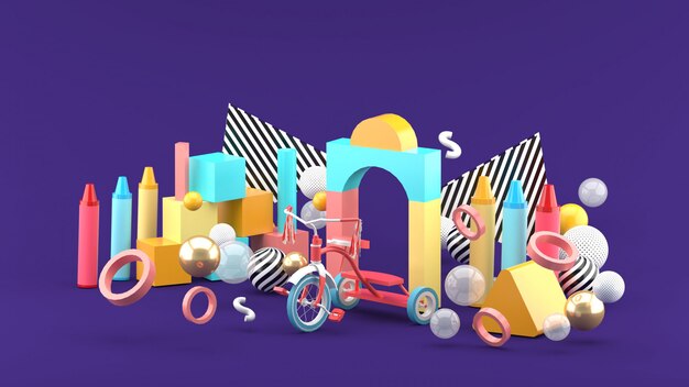 Wooden toys, crayon and bicycles among colorful balls on a purple space.-3d render.