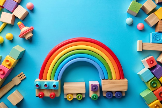 Wooden toys rainbow train and blocks on blue background with blank space for text Top view flat lay