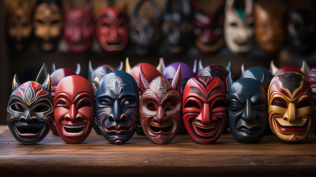 Photo wooden traditional masks are neatly arranged in a row on top of a wooden table in a shop