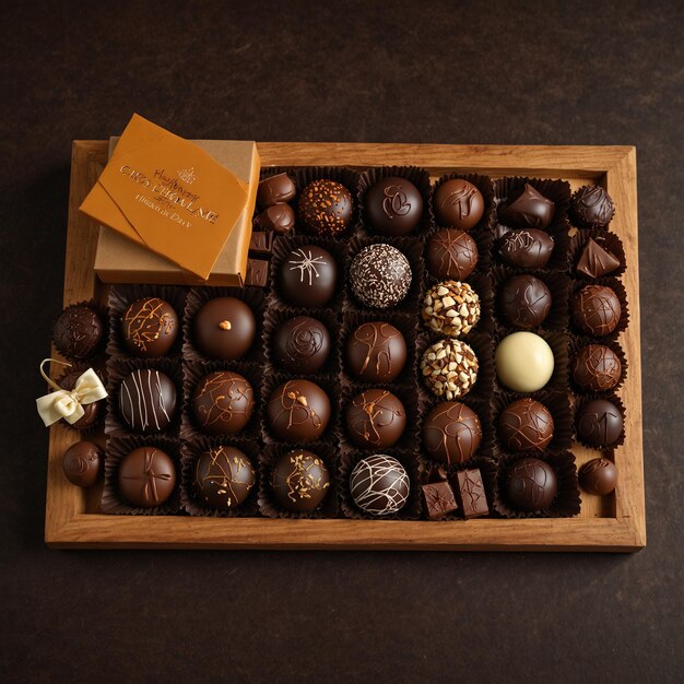 a wooden tray of chocolates with a sign saying do not touch on it