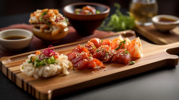 A wooden tray of food with a variety of seafood on it