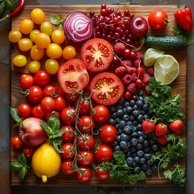 a wooden tray of fruits including blueberries blueberries and other fruits