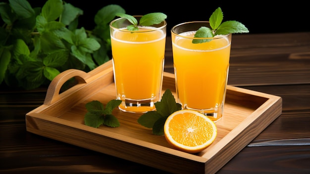 A wooden tray holding two glasses of refreshing orange juice