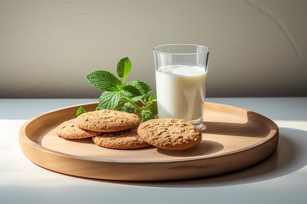 Wooden Tray Holds Oat Cookies and Milk