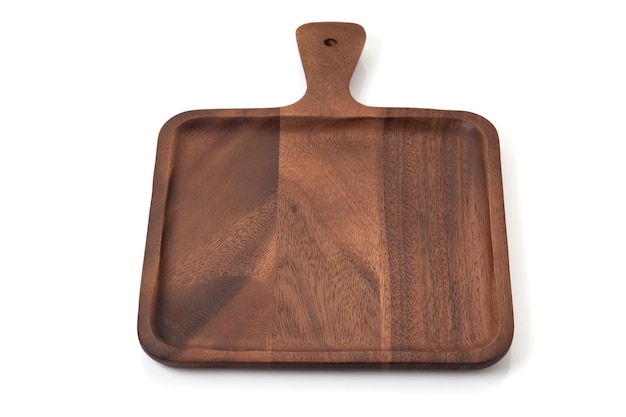 Wooden tray for serving food pizza on white background with path