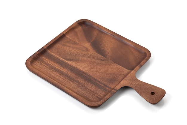 Wooden tray for serving food pizza on white background with path