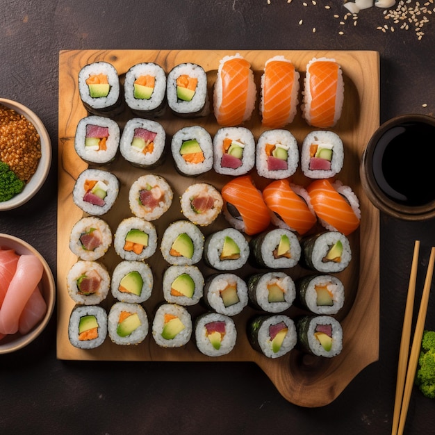 A wooden tray of sushi and other food including a variety of sushi.