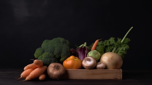 A wooden tray of vegetables on a black background