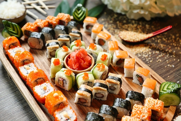 Wooden Tray With Assorted Sushi Rolls