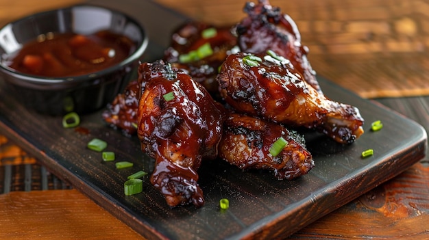 Photo a wooden tray with barbecue sauce and barbecue sauce