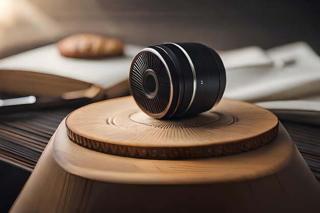 a wooden tray with a black camera on it