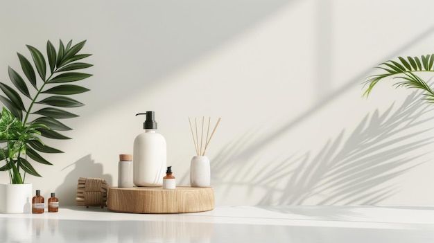 a wooden tray with a bottle of soap and a bottle of hand sanitizer on it