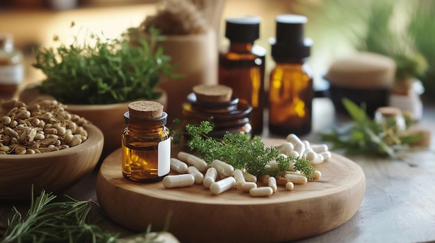 a wooden tray with bottles of medicine and a bottle of medicine